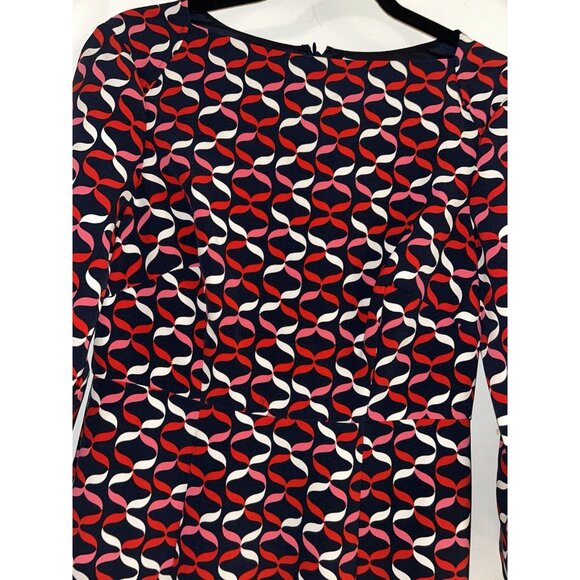 Boden Violette Navy Red Ribbon Print Ruffled Hem Elegant Sheath Dress Size 6 - Picture 3 of 7